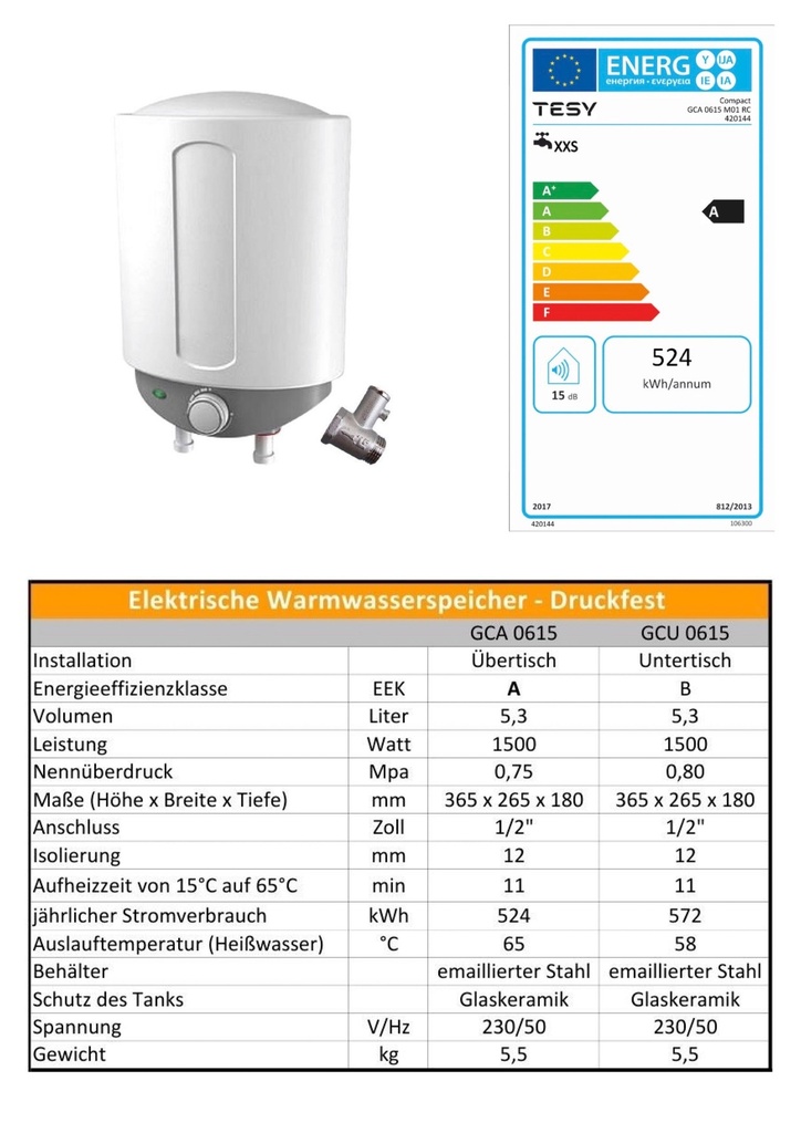 Warmwasserspeicher Untertisch Boiler Druckfest Wasserboiler 1,5KW 6 Liter